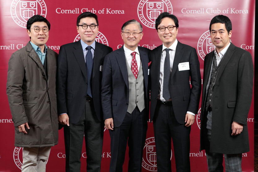 Johnson Club of Korea members (left to right) DongChul Kim, MBA '12, club vice president, alumni programs; Bonwook Koo, MBA '08; Kyung-Bae Suh, MBA '87; Chulyong Cho, MBA '98, club president; and Sung Won Mann, MBA '08, club vice president of communication