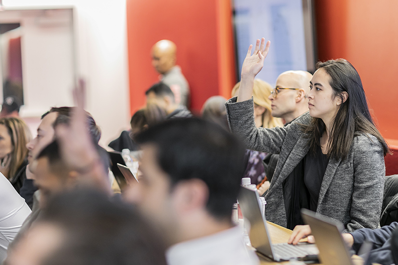 A student raises her hand in the classroom