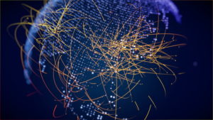 A globe showing the interconnectivity of the world.