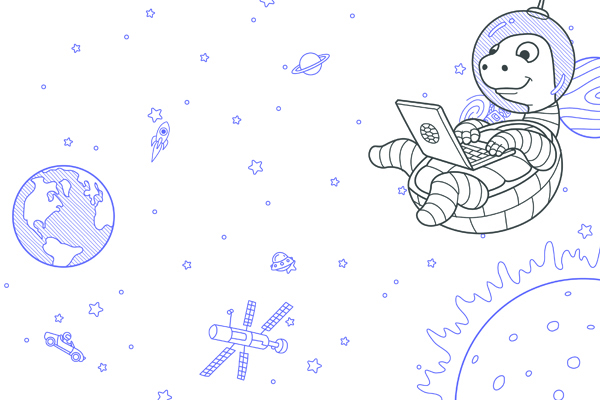illustration showing Turtle’s mascot, a turtle, wearing a space helmet and floating in the universe while typing on a laptop computer