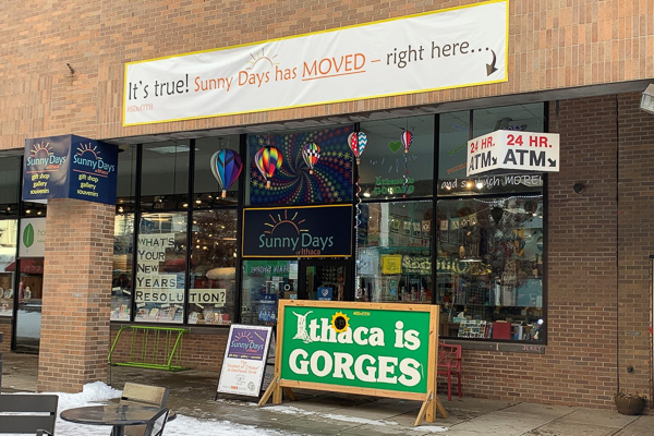 Photo of the entrance of a local business, Sunny Days of Ithaca, on the Commons