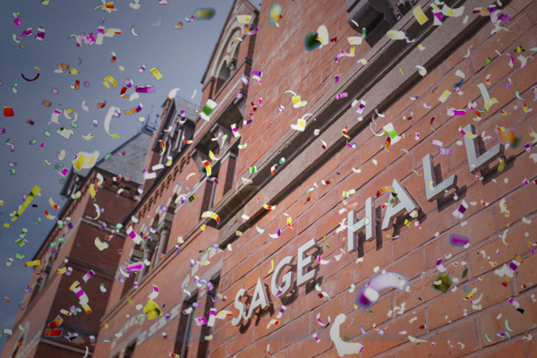 Sage Hall with confetti