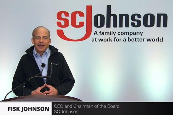 Zoom screen shot of Fisk Johnson speaking with the SC Johnson logo behind him