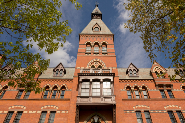 Exterior photo of the center tower of Sage Hall