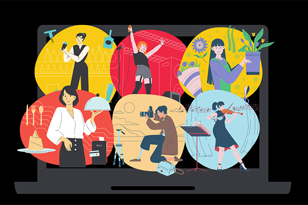 Computer screen with illustrations of individuals engaged in various activities, including cooking, taking photos, performing music, caring for plants, and learning about culinary arts and beverages.