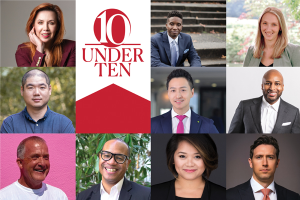 Headshots of all 10 Under 10 notable alumni with the 10 Under 10 graphic identifier