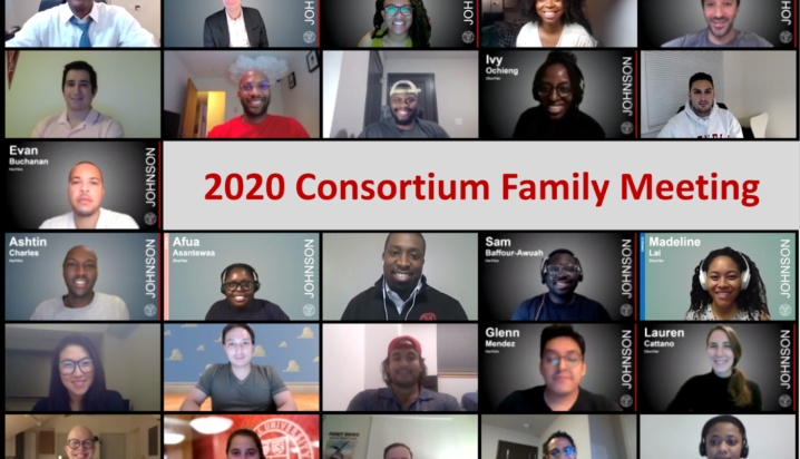 A computer screen showing multiple people attending a virtual meeting with the title: 2020 Consortium Family Meeting