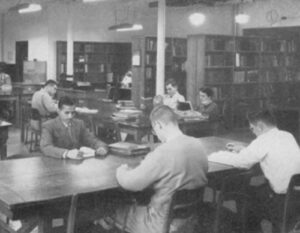 Students in the library black and white photo