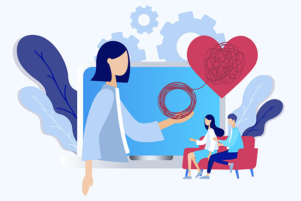 illustration of a couple seated on a sofa talking to a woman physician on a large computer screen