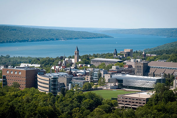 aerial view of the Cornell Campus and Cayuga Lake in the summer