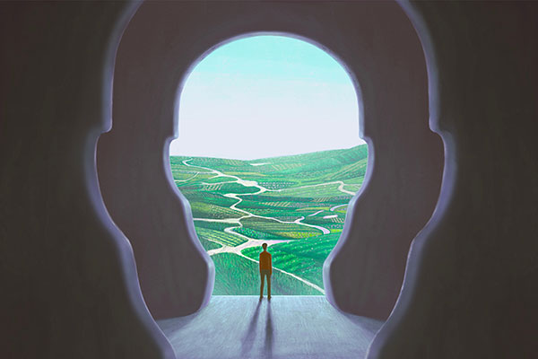 Surreal painting of the back of a man standing at the threshold of a huge doorway or opening shaped like the outline of a head, looking out on a green, pastoral landscape, implying a sustainable future.
