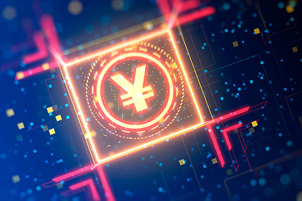 Yuan currency sign on a abstract digital background. Financial hi-tech theme background. 3d graphic wih bokeh and neon lights.