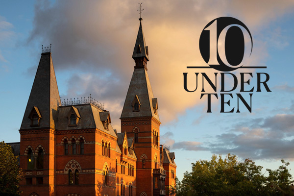 photo of Sage Hall, home of the Johnson Graduate School of Management, with sun shining on the bricks and blue sky and dramatic clouds in the background, overlaid with a "10 Under 10" graphic identifier.