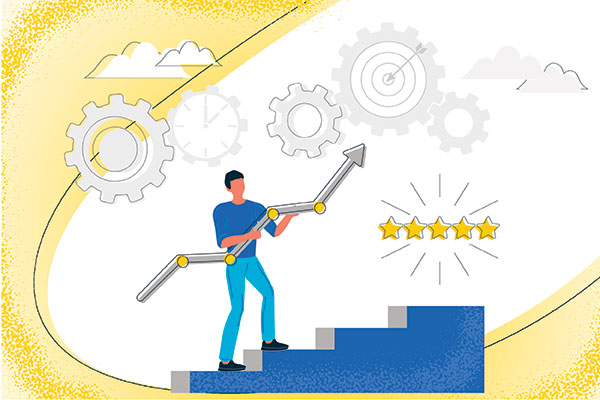 Man with growing schedule rising on step of ladder, stages of successful business project.