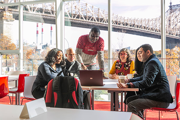 6 men and women sitting around or leaning over a table, looking at a laptop screen, and interacting. Clear floor to ceiling windows behind them look out on the Queensboro Bridge and Manhattan.