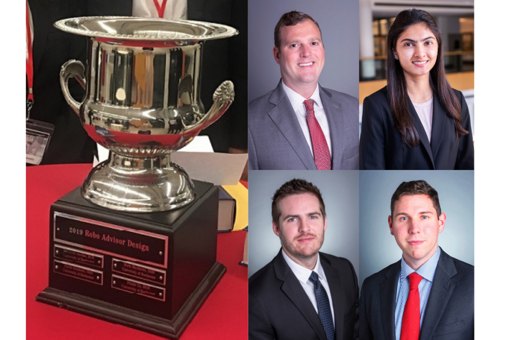 Winners of the 2023 Investment Portfolio Case Competition. Left side shows the silver cup trophy. Right side showcases the four winner headshots.