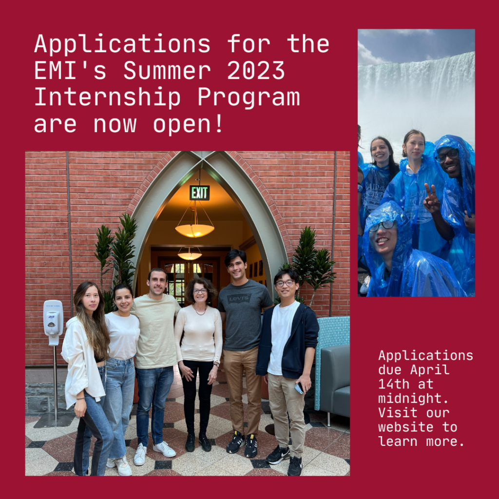 Banner for the internship launch with pictures of last year's interns at Sage Hall and Niagara falls