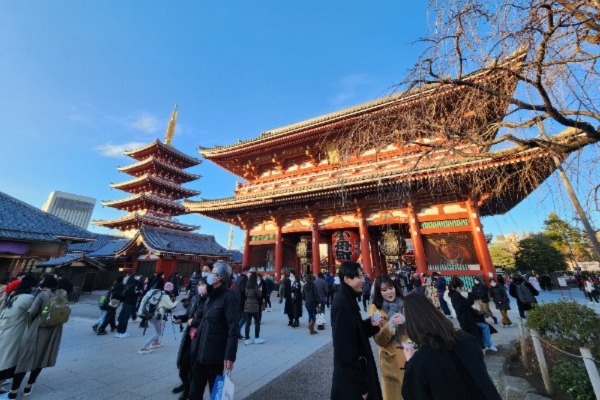 photo of a temple with many people in the foreground and blue skies in the background.