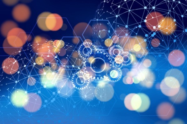 abstract illustration showing gears and networked globes and circles of light.