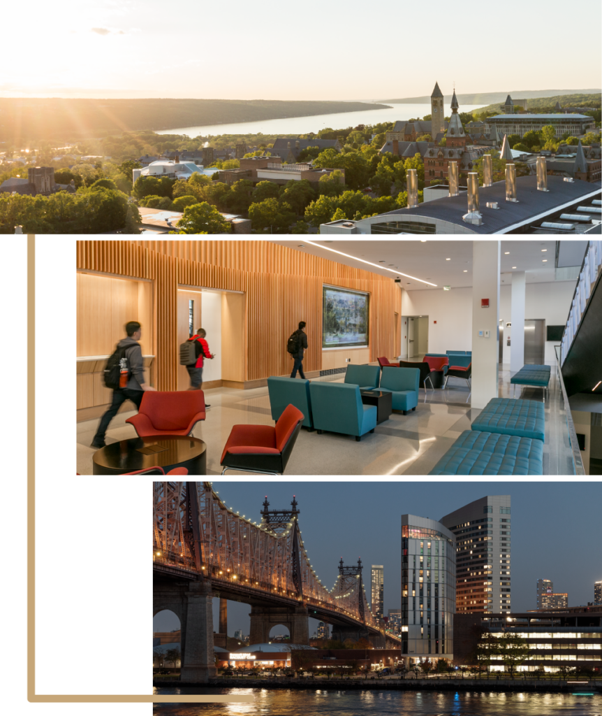 Aerial image of Cornell’s Ithaca, NY campus, inside an Ithaca campus building, and the Roosevelt Island skyline .