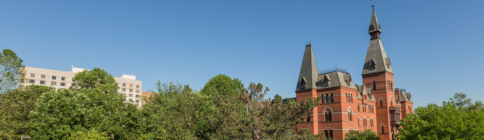 Sage Hall visible through trees.