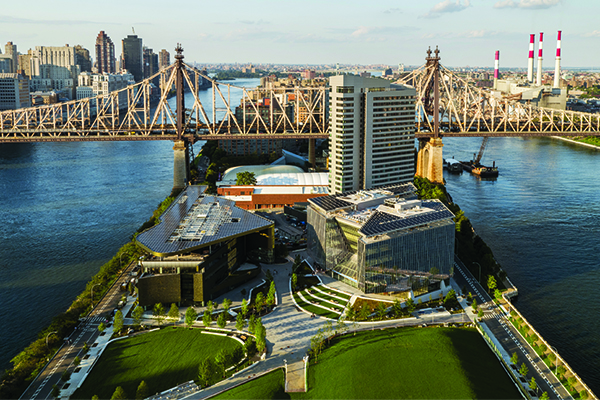 Aerial view of the Cornell Tech campus on Roosevelt Island.
