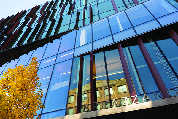Glass facade of the Breazzano Family Center for Business Education.