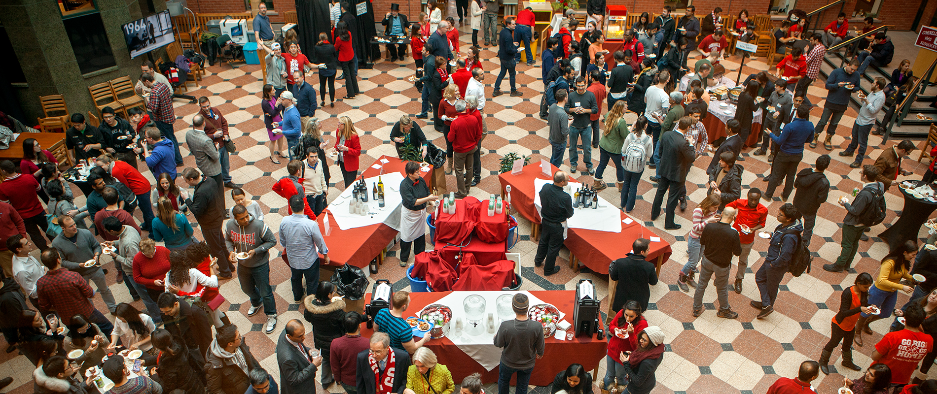 Aerial view of students in the Sage Atrium for an event.