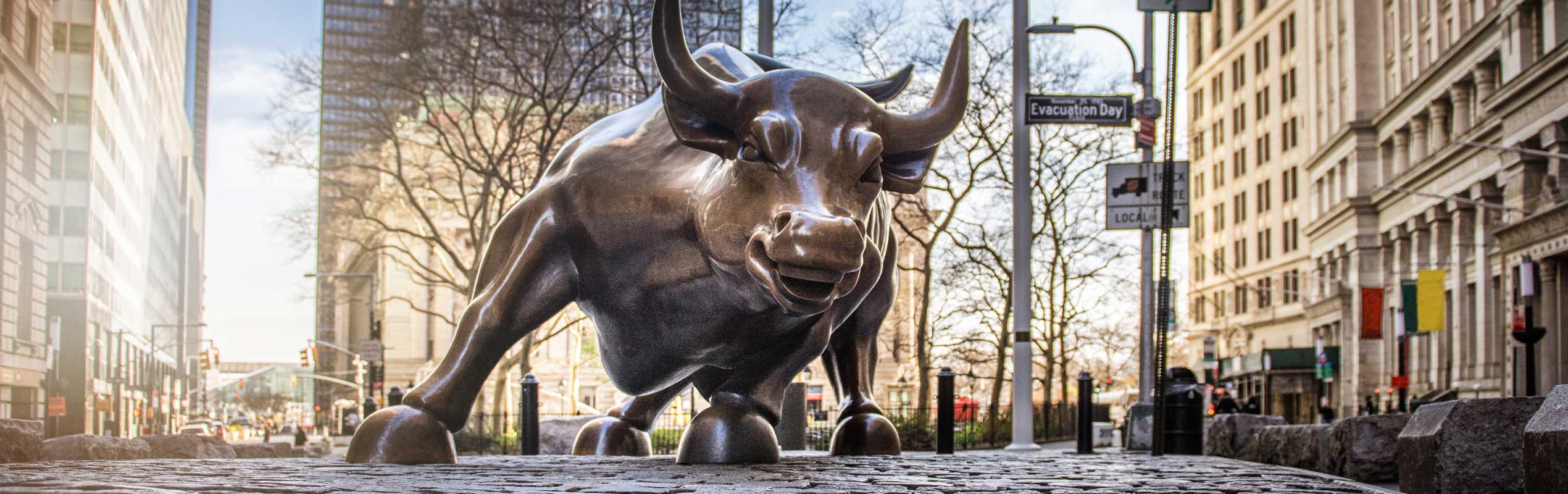 Charging bull statue on Wall Street in New York City.