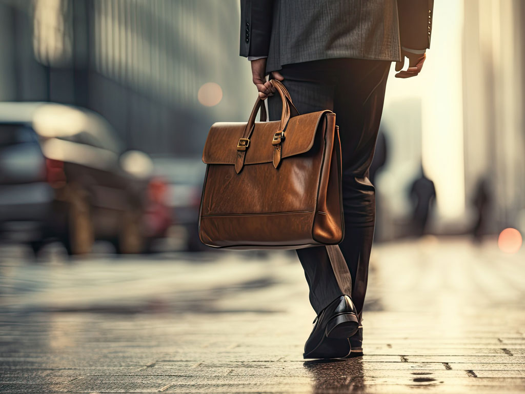 A person in a suit carries a brown briefcase crossing the street.