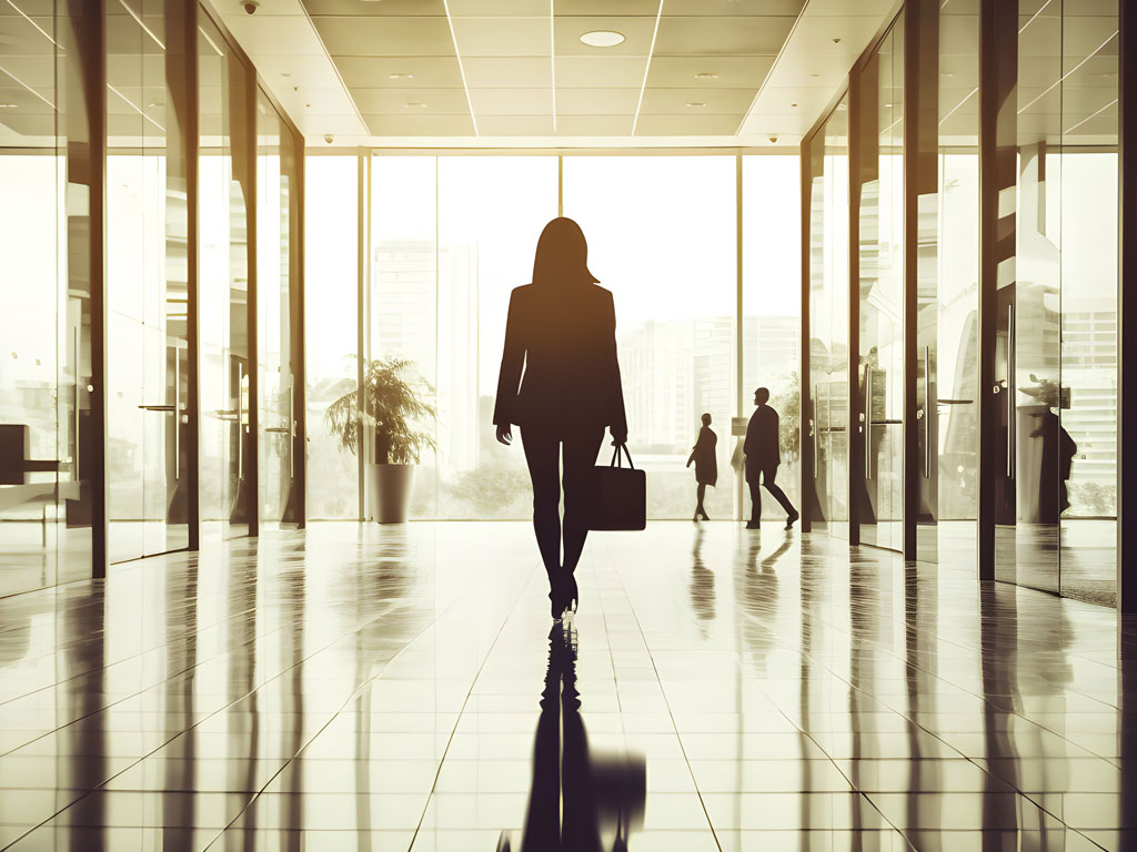 A woman in business attire is walking through an office building towards a wall of windows.