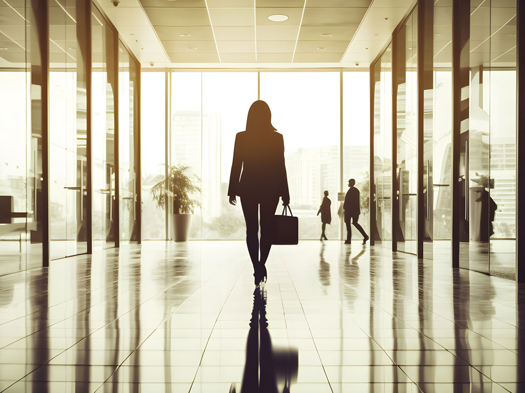A woman in business attire is walking through an office building towards a wall of windows.
