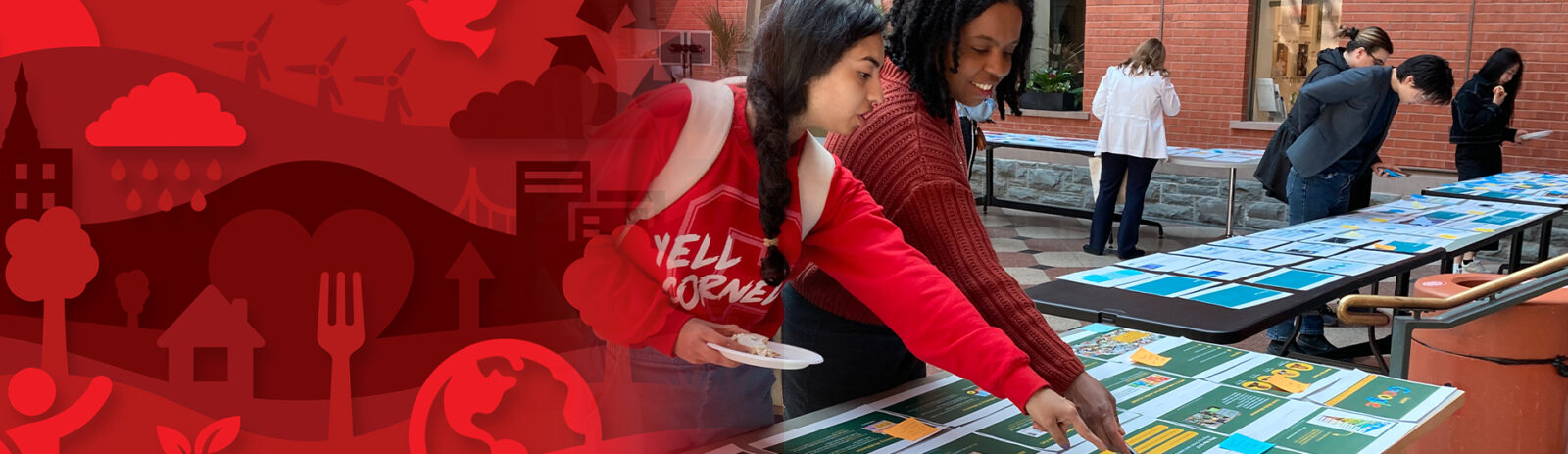 Hero banner with left side of image for decoration and right side is 2 female students pointing at a paper on a table outside.