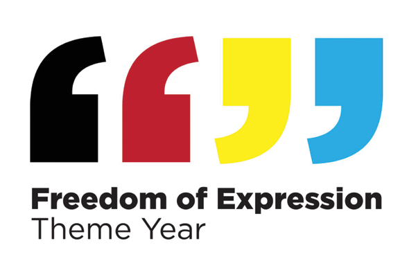 Cornell's Freedom of expression graphic with large, colored quotation marks.
