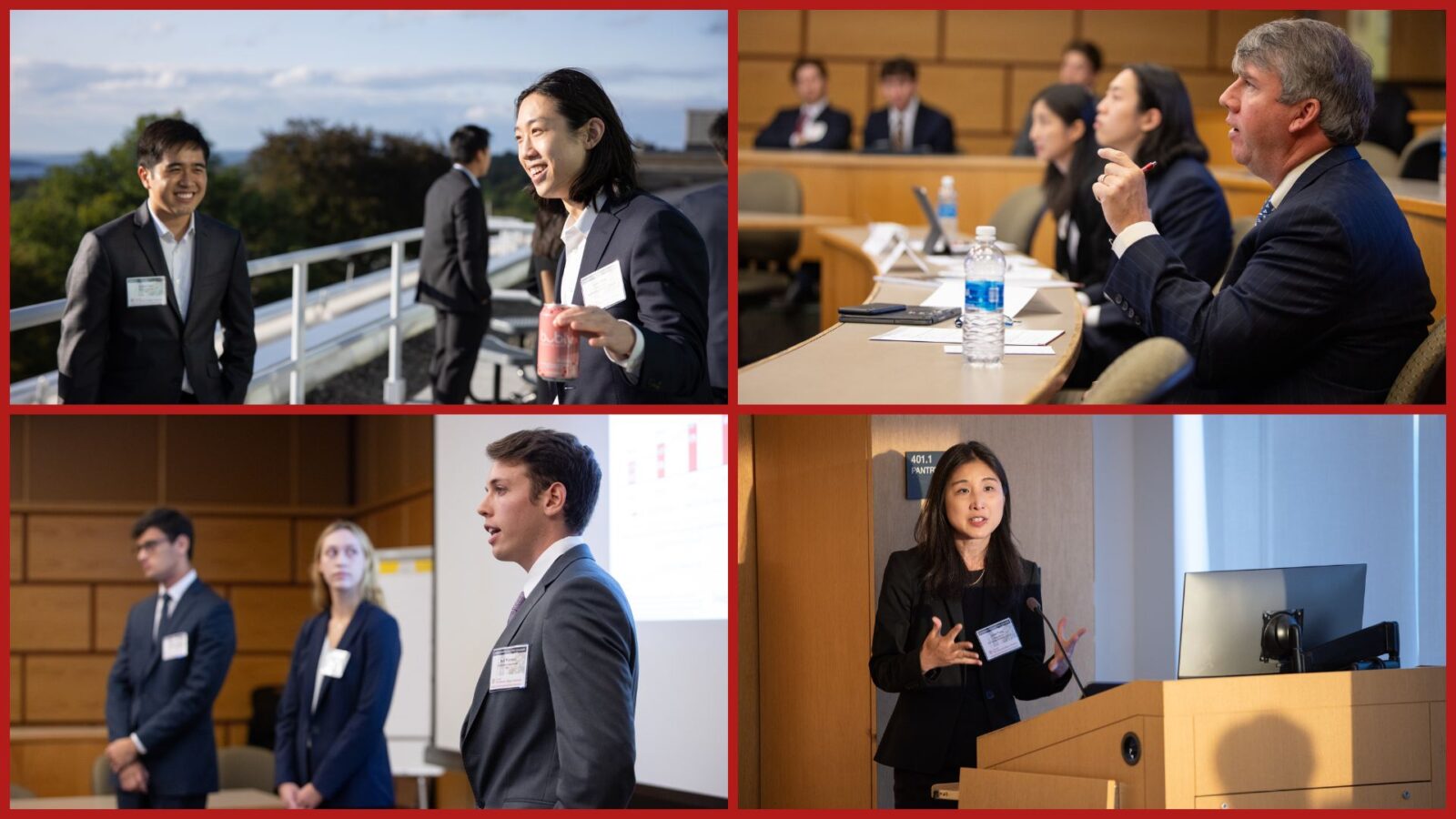 Four images from the Undergraduate Stock Pitch Challenge 2023. Top right photo is 3 people networking on a rooftop. Top left photo is a judge speaking to presenters. Bottom right photo is a keynote speaker. Bottom left is three students presenting.