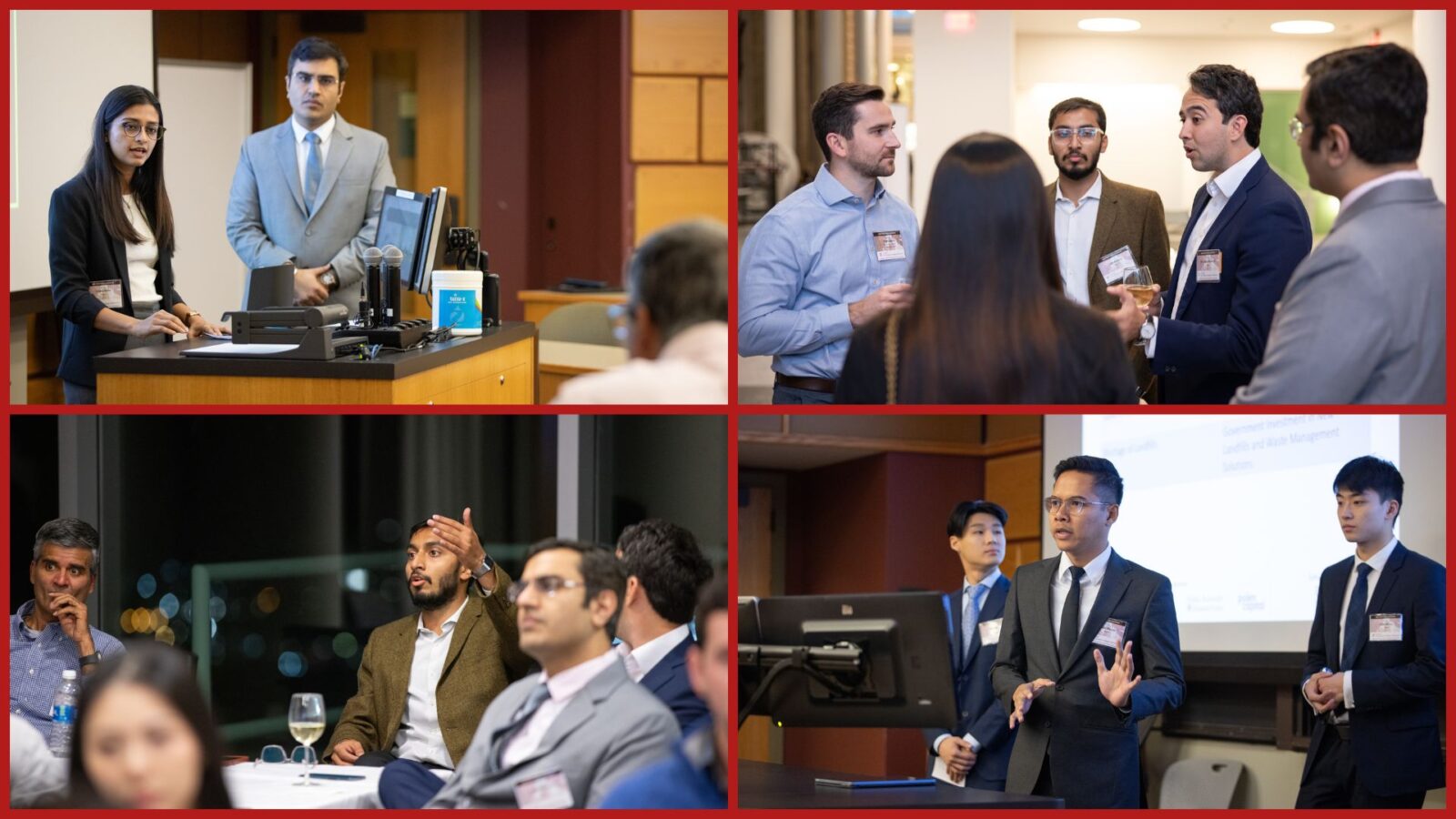 Four images from the MBA Stock Pitch Challenge 2023. Top right: two students pitching a stock. Top left: four students networking with a sponsor representative. Bottom left: student asking a question to the keynote speaker at dinner. Bottom right: a student leading a pitch.