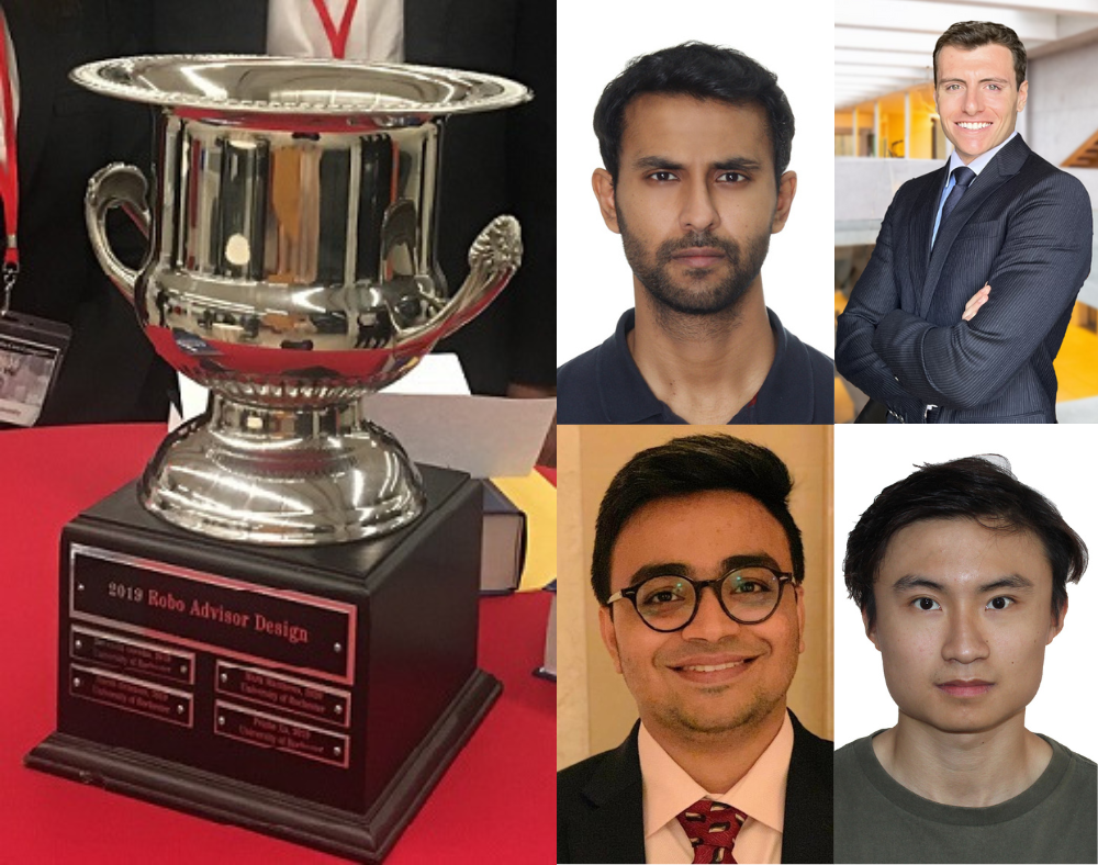 Collage of Investment Portfolio Case Competition trophy alongside the four winners headshots.