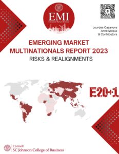 EMI Report 2023 cover page with a world map highlighting in red the E20+1, main emerging market economies according to EMI.