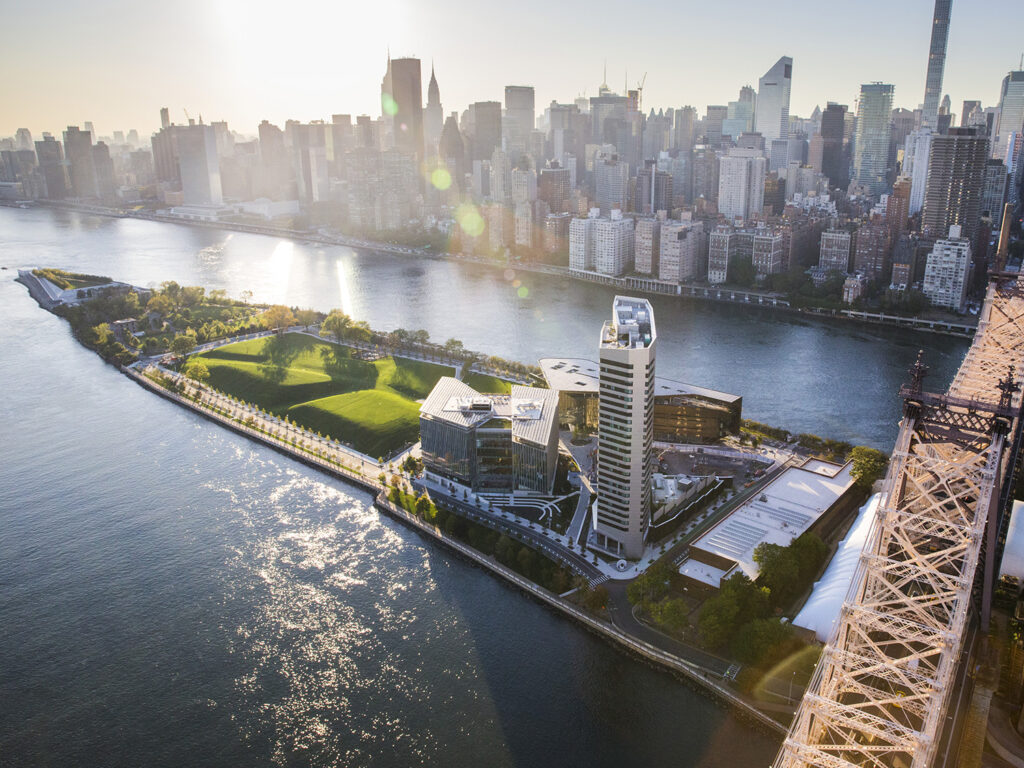 Cornell Tech campus aerial photo overlooking Roosevelt Island adjacent to midtown Manhattan, NYC