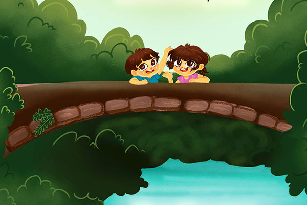 illustration of two children on an arched stone bridge above a pond or stream and surrounded by green trees.