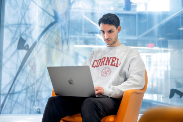 Student in a Cornell crewneck sweatshirt sitting in an armchair on a laptop.