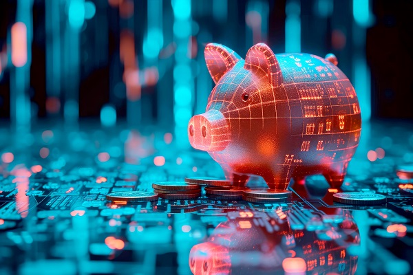 A piggy bank standing on gold coins placed on a computer motherboard
