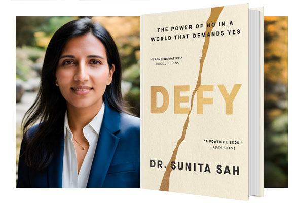 Headshot of Sunita Sah with enlarged image of her book.