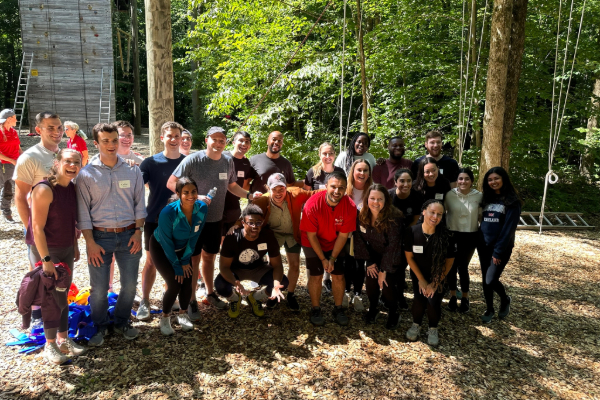 A large group of Park Fellows, Class of 2025, after a day of outdoor adventure at the Johnson Outdoor Experience