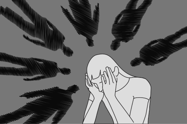 An illustration of a person looking down holding their head, with silhouettes of six people looming above.