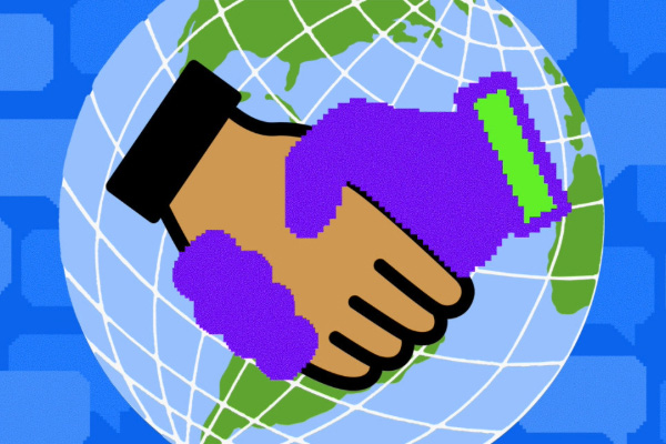 Illustration of two different hands shaking with a globe in the background