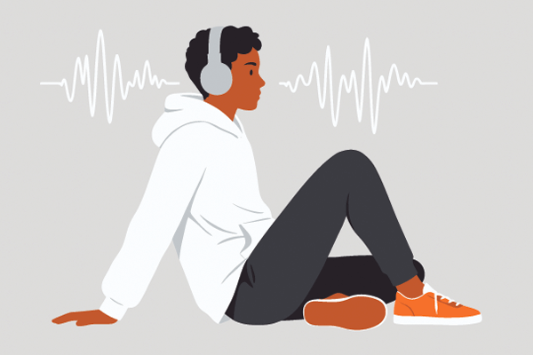 Graphic of young man listening to music with headphones on